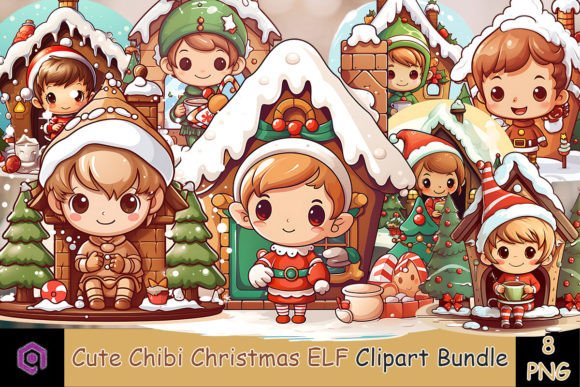 Cute Chibi Christmas Elf Graphics for Holiday Illustrations