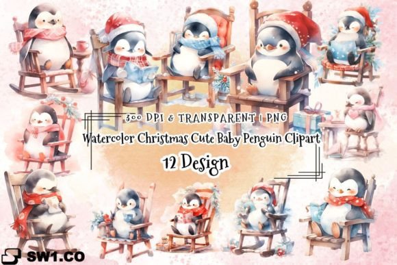 Watercolor Penguin Graphics for Festive Craft Illustrations